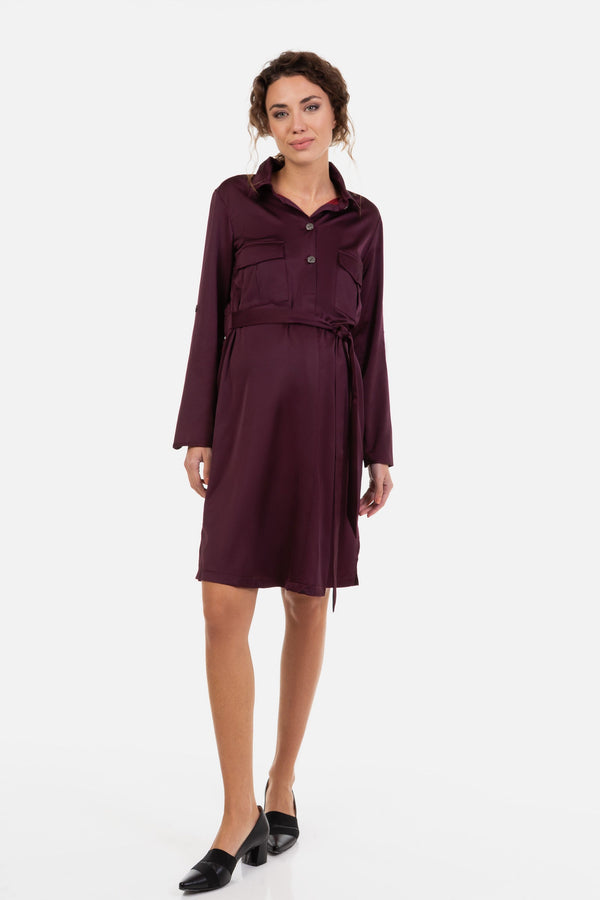 Rochie satinată pentru gravide și alăptare în culoarea visiniu