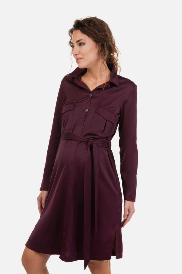 Rochie satinată pentru gravide și alăptare în culoarea visiniu