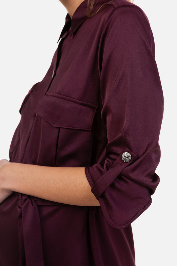 Rochie satinată pentru gravide și alăptare în culoarea visiniu