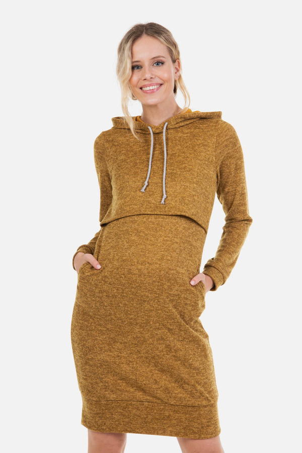 Rochie pentru gravide și alăptare cu glugă - ocru