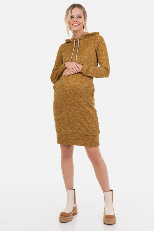 Rochie pentru gravide și alăptare cu glugă - ocru