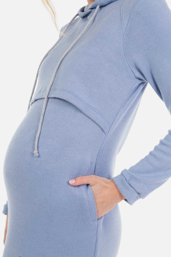 Rochie pentru gravide și alăptare cu glugă - albastru deschis
