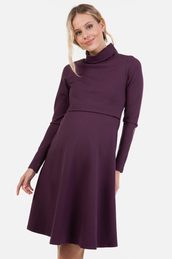 Rochie evazată pentru gravide și alăptare cu guler înalt - visiniu