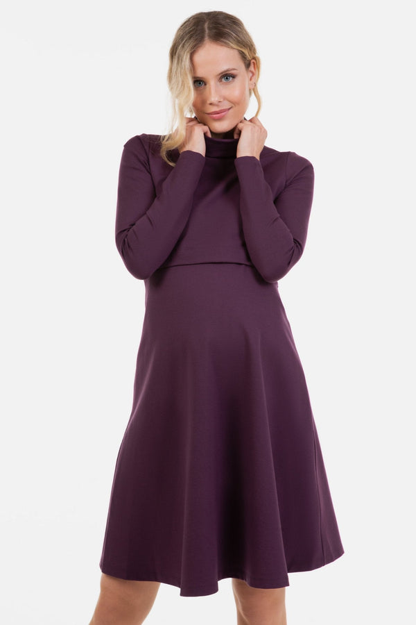 Rochie evazată pentru gravide și alăptare cu guler înalt - visiniu