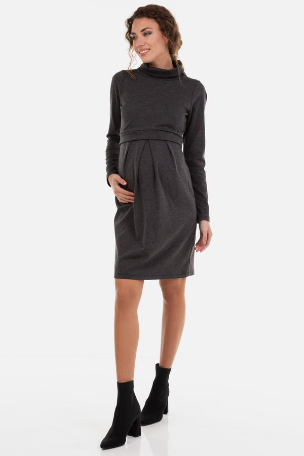 Rochie pentru gravide și de alăptare cu guler înalt în gri