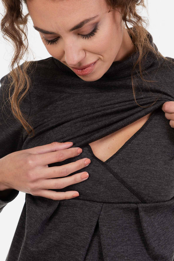 Rochie pentru gravide și de alăptare cu guler înalt în gri
