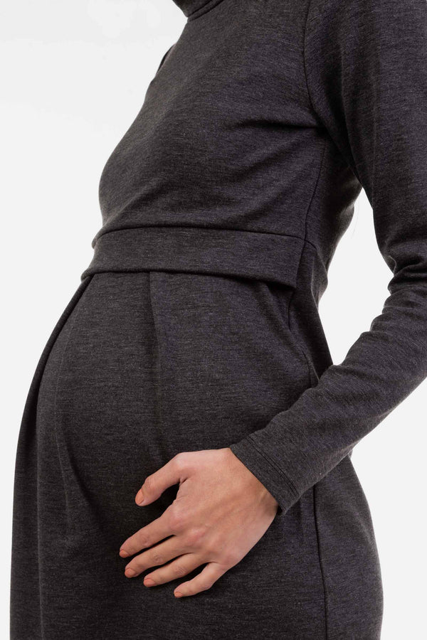 Rochie pentru gravide și de alăptare cu guler înalt în gri