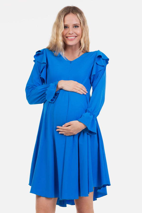 Rochie vaporoasă gravide și alăptare cu mâneca lungă - albastră