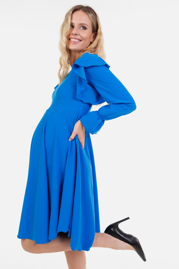 Rochie vaporoasă gravide și alăptare cu mâneca lungă - albastră