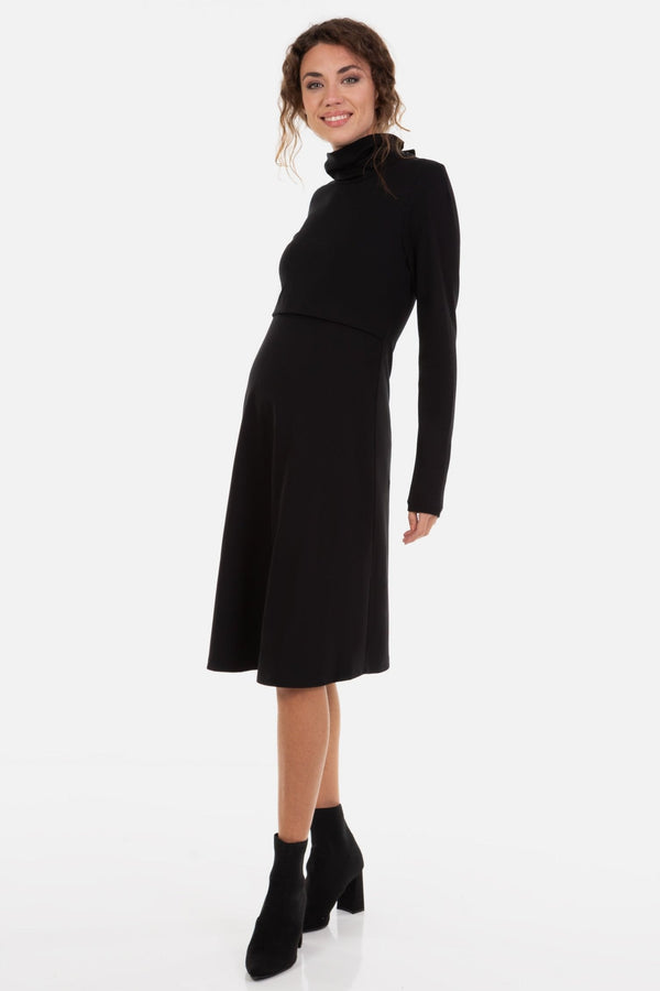 Rochie evazată pentru gravide și alăptare cu guler înalt - neagră