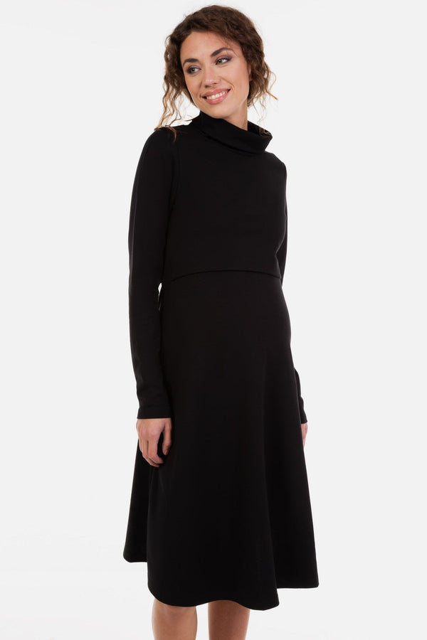 Rochie evazată pentru gravide și alăptare cu guler înalt - neagră