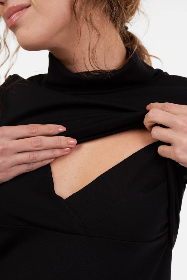 Rochie evazată pentru gravide și alăptare cu guler înalt - neagră