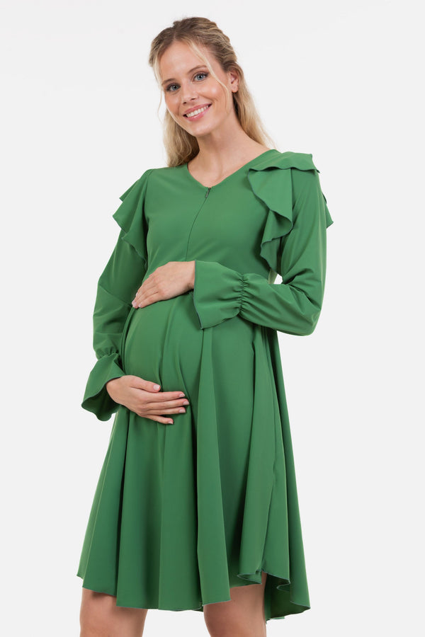 Rochie vaporoasă gravide și alăptare cu mâneca lungă - verde