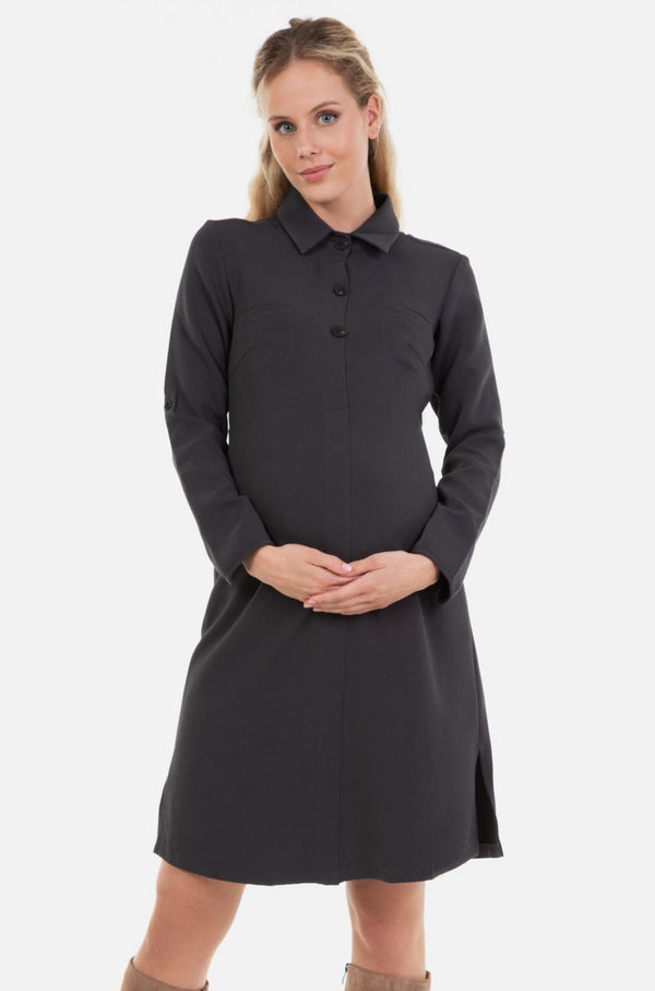 Rochie-cămașă pentru gravide și alăptare din material texturat – gri