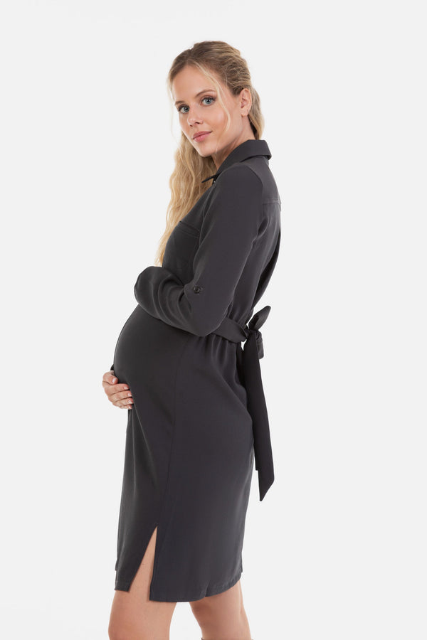 Rochie-cămașă pentru gravide și alăptare din material texturat – gri
