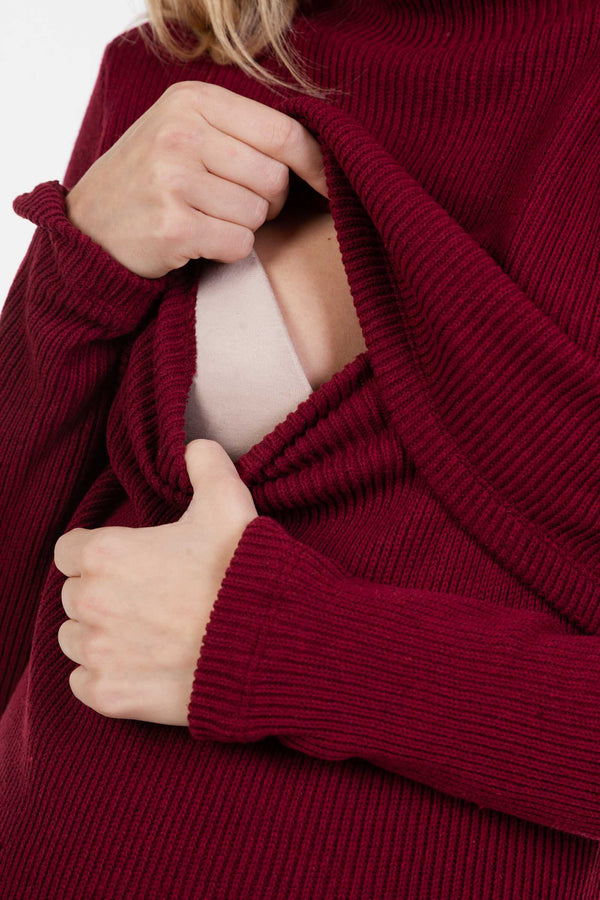 Pulover din bumbac tricotat pentru gravide și alăptare - bordo