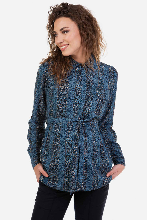 Cămașă pentru gravide și alăptare cu imprimeu leopard – albastră