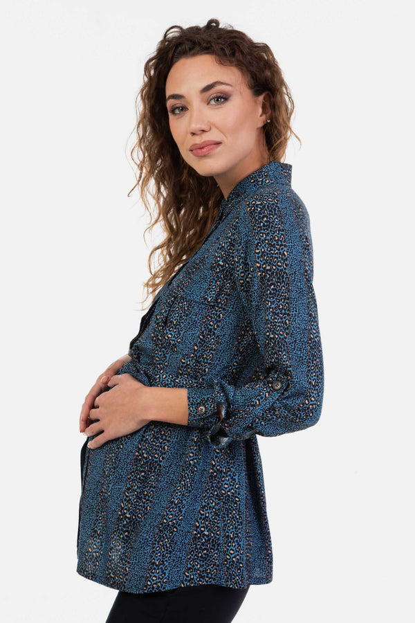 Cămașă pentru gravide și alăptare cu imprimeu leopard – albastră