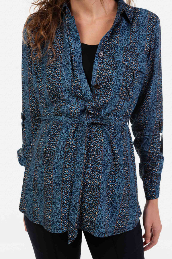 Cămașă pentru gravide și alăptare cu imprimeu leopard – albastră