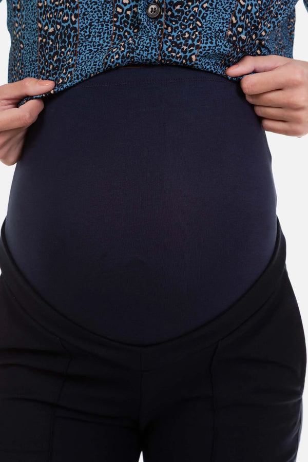 Pantaloni bleumarin cu dungă pentru gravide, cu talie din bumbac organic
