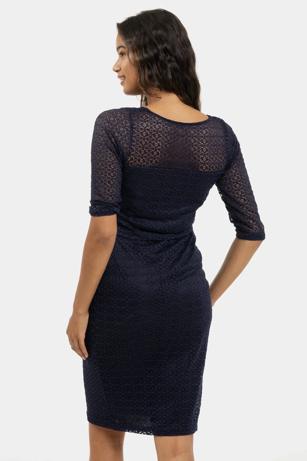 Rochie de ocazie din dantelă pentru gravide și alăptare în albastru închis