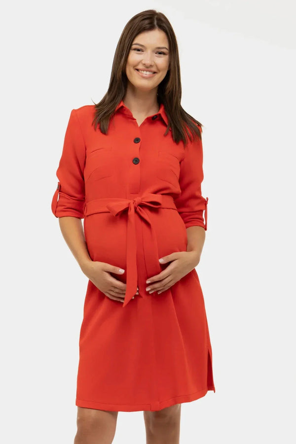 Rochie-cămașă pentru gravide și alăptare din material texturat – roșu