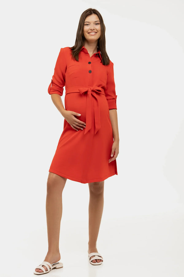 Rochie-cămașă pentru gravide și alăptare din material texturat – roșu