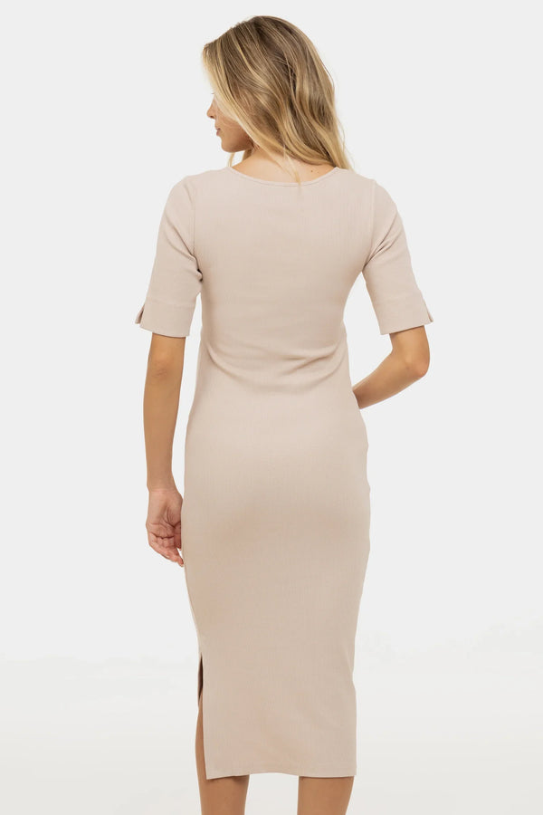 Rochie din rib de bumbac pentru gravide și alăptare – bej
