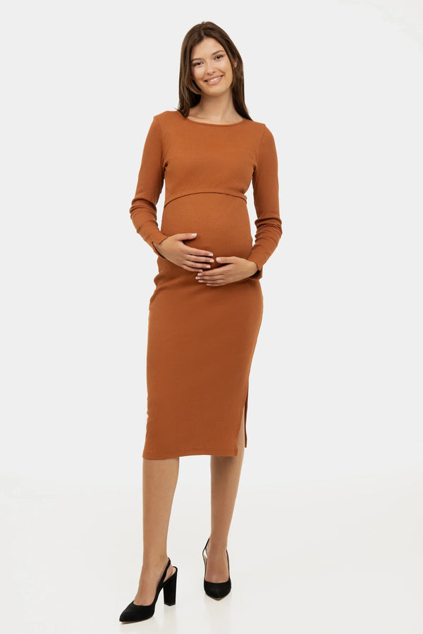 Rochie rib pentru gravide și alăptare – caramel