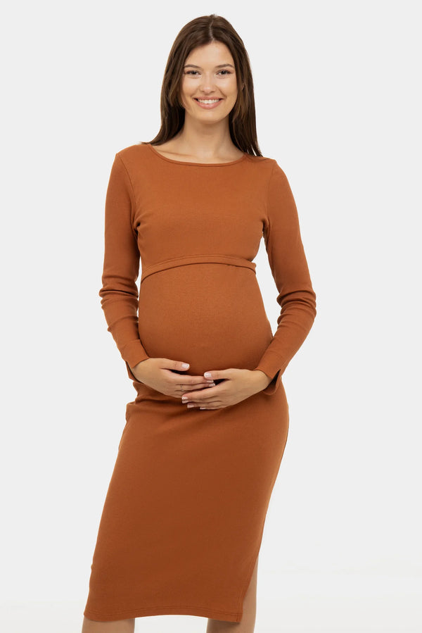Rochie rib pentru gravide și alăptare – caramel