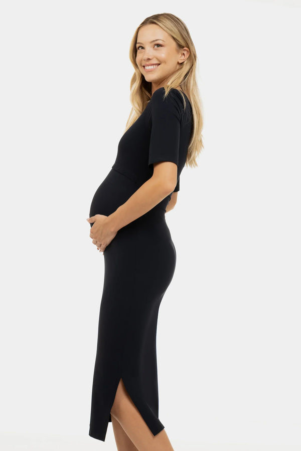 Rochie lungă cu fentă pentru gravide și alăptare în albastru închis