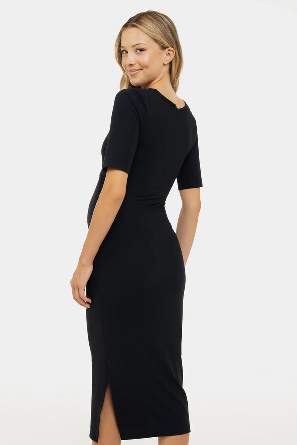 Rochie lungă cu fentă pentru gravide și alăptare în albastru închis