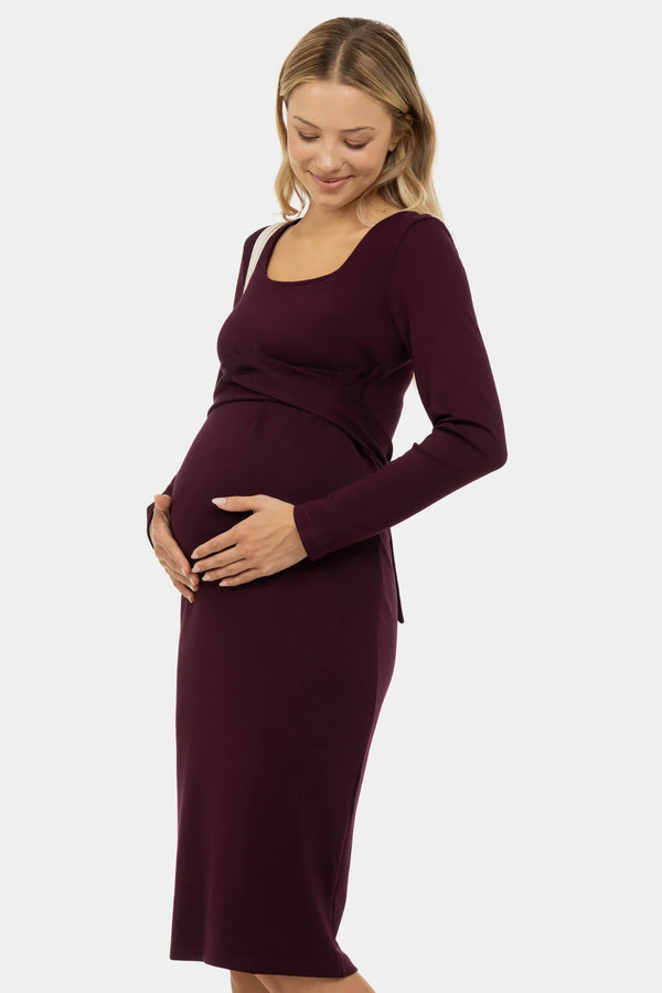 Rochie lunga eleganta pentru gravide cu curea lata în culoarea bordo