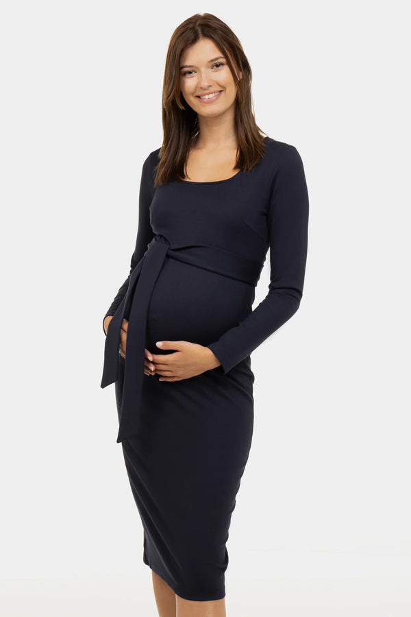 Rochie lungă elegantă cu curea lată în culoarea bleumarin