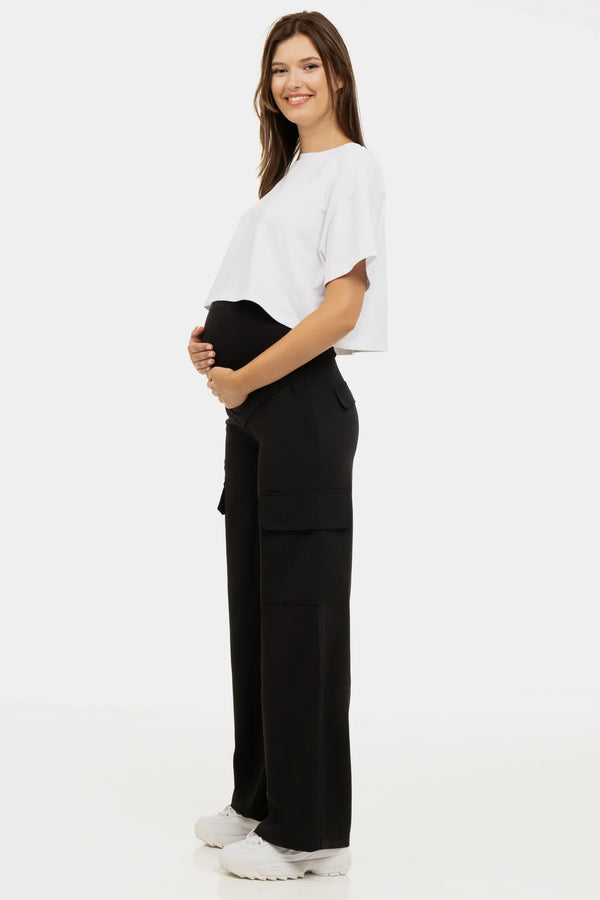 Pantaloni cargo eleganți pentru gravide în negru