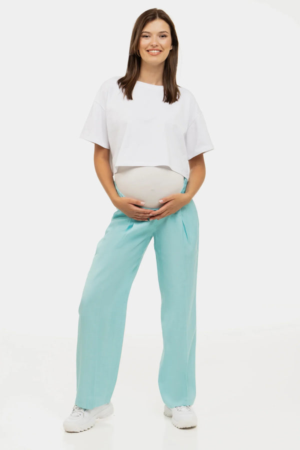 Pantaloni evazați cu pliuri pentru gravide în albastru deschis
