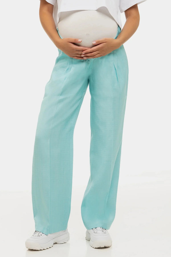Pantaloni evazați cu pliuri pentru gravide în albastru deschis