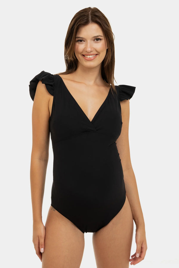 Costum de baie negru pentru gravide și alăptare cu volane