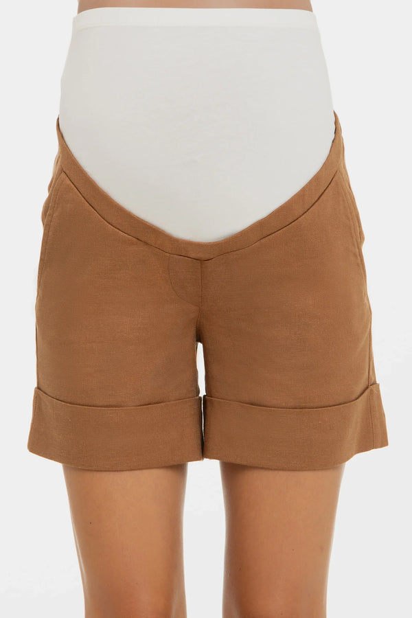 Pantaloni scurți pentru gravide cu compoziție din in – caramel