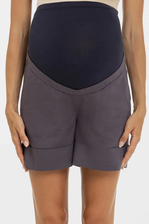 Pantaloni scurți pentru gravide cu compoziție din in - gri
