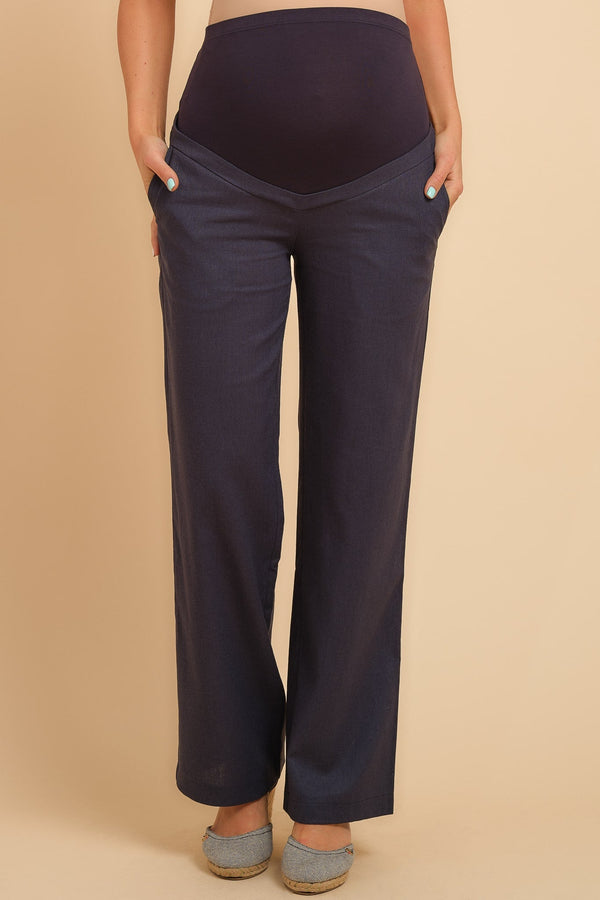 Pantaloni din in pentru gravide cu crăpătură evazată – bleumarin