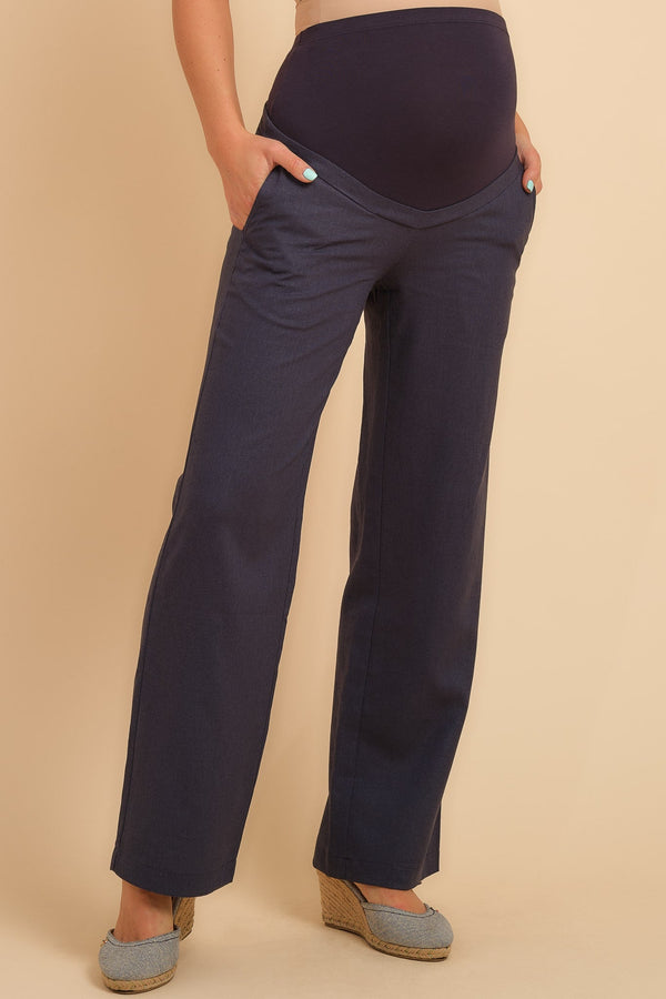 Pantaloni din in pentru gravide cu crăpătură evazată – bleumarin