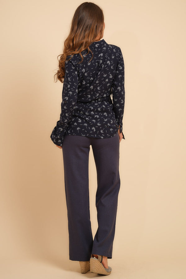 Pantaloni din in pentru gravide cu crăpătură evazată – bleumarin