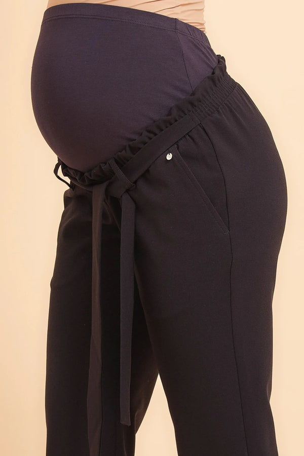 Pantaloni pentru gravide cu pliuri în talie - albastru închis
