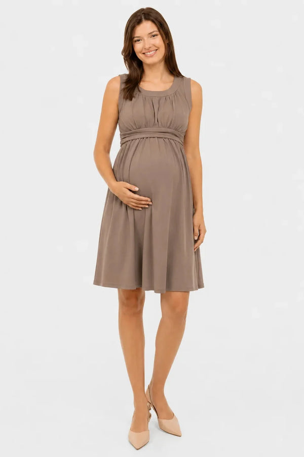 Rochie elegantă pentru gravide cu cordon încrețit – mocha