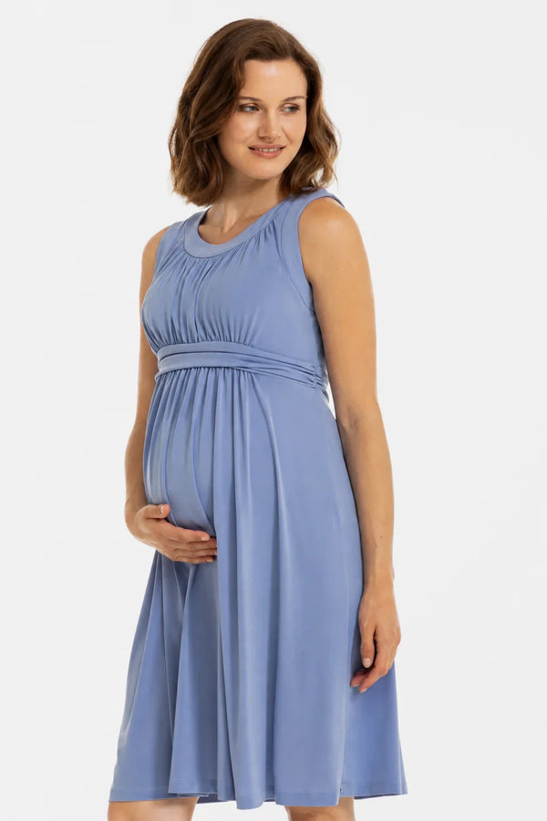 Rochie elegantă pentru gravide cu cordon încrețit – albastru