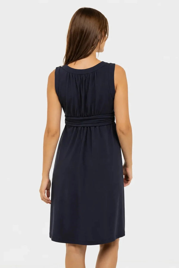 Rochie elegantă pentru gravide cu cordon încrețit – bleumarin