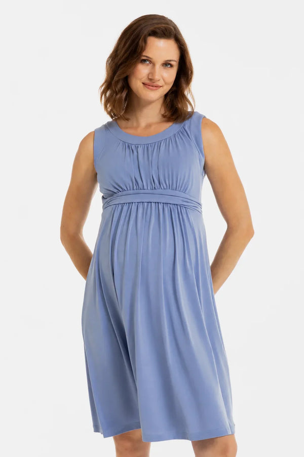 Rochie elegantă pentru gravide cu cordon încrețit – albastru