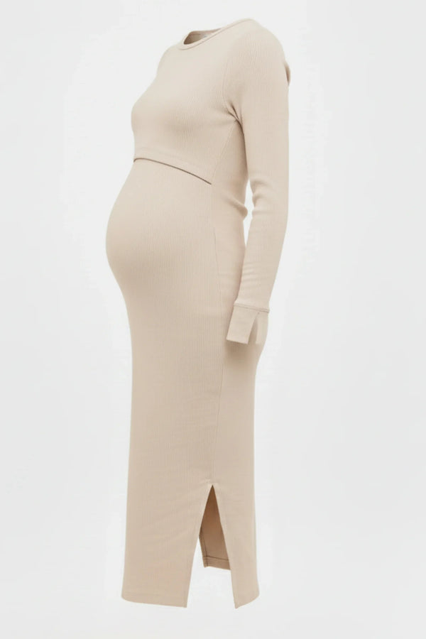 Rochie din bumbac ripsat pentru gravide și alăptare - bej