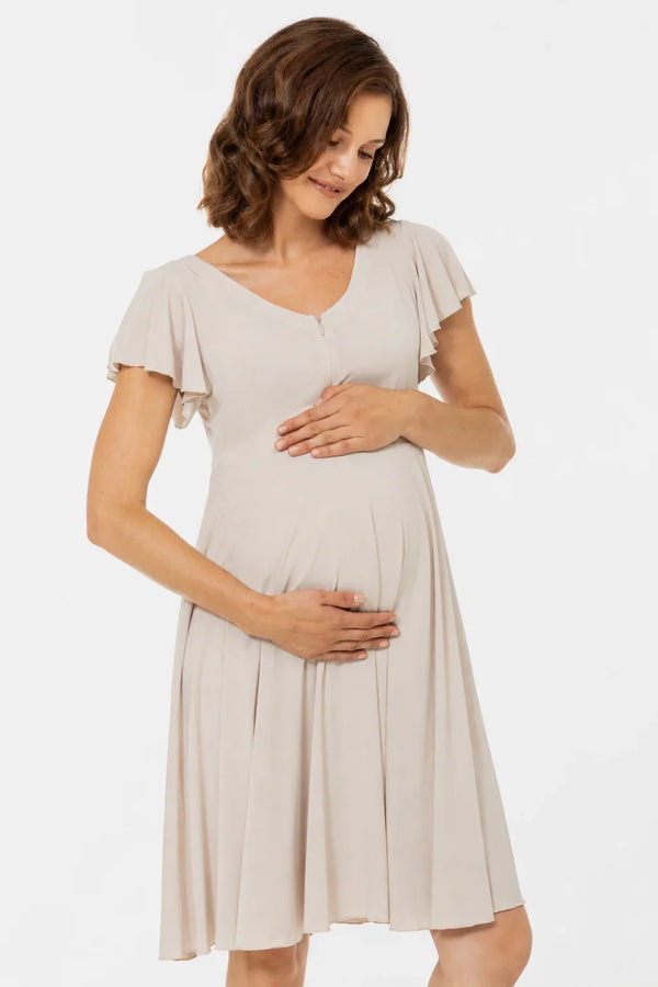 Rochie vaporoasă 2 în 1 pentru gravide și alăptare – bej
